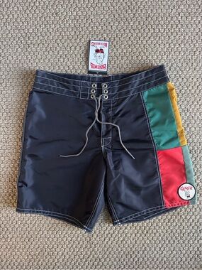 Birdwell X Seager Black Boardshorts with White Stitching